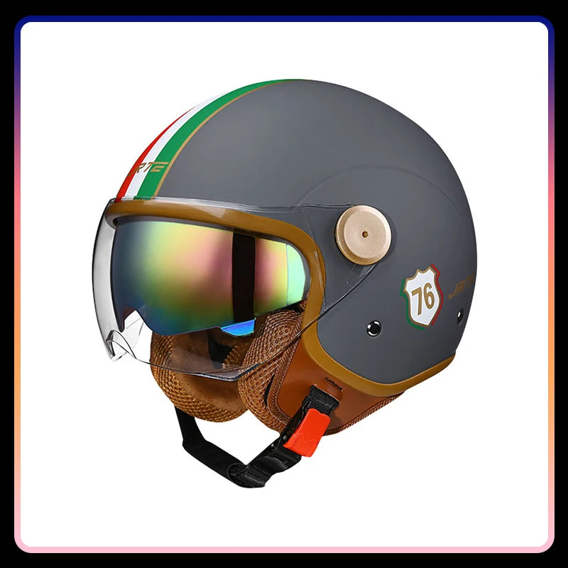 Men's Open Face Motorcycle Helmets Daul Lens Women Vintage Retro 3/4 Open Half Helmet Moto Equipment Double Visor Jet Helm DOT