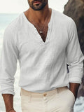 Men Textured Henley V Neck Linen Blend Long Sleeve Casual Shirts