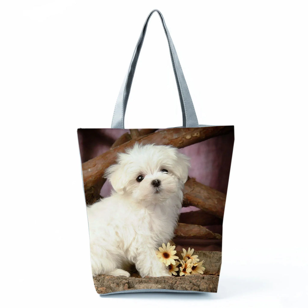 Cute Maltese Dogs Print Handbags Casual Women Shopping Bag Large Capacity Foldable Shoulder Bags Eco Reusable Travel Beach Totes