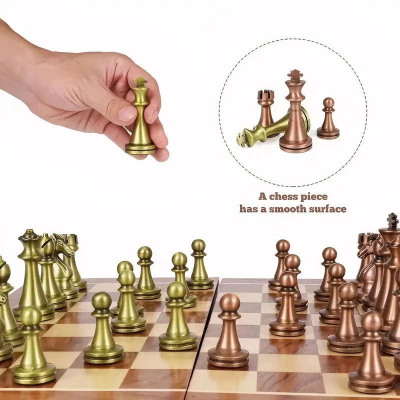 High end chess set 30cm/11.8inch antique bronze foldable solid wood box alloy weighted chess pieces Christmas holiday gift