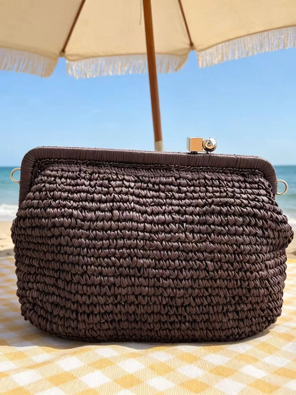 Handwoven Straw Clutch Bag with Dual‑Color Kiss‑Lock Closure & Detachable Chain, Versatile Shoulder/Crossbody Bag for Summer