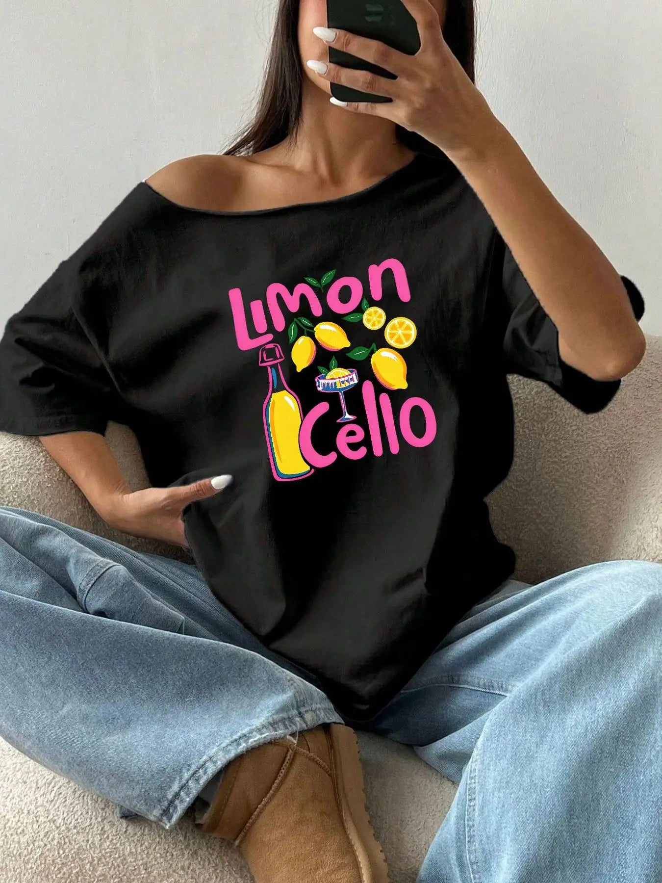 100% Cotton Plus Size Lemon Cello Cocktail Print Shoulder Loose Print T-Shirt Oversized Y2K Style Graphic Tees Women Tops Sum