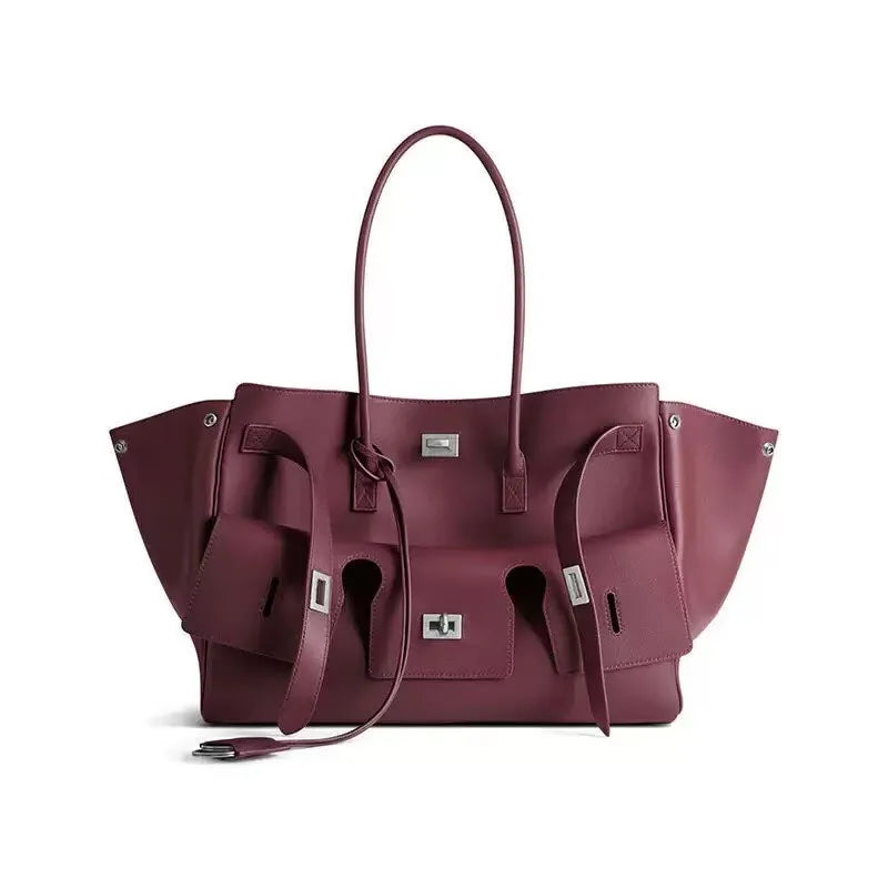 Luxury Soft Leather Tote Bag Brand Texture Lock Wing Bag Solid Color Simple New Horizontal Square Bag Women's Commuter Handbag