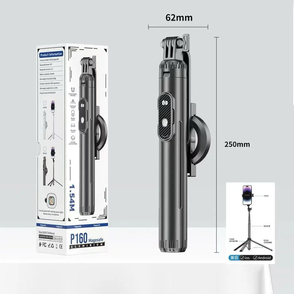 1.54m Magnetic Selfie Stick Tripod Stand Phone Holder Bluetooth Remote Control Rechargeable 360° Rotation Live Streaming