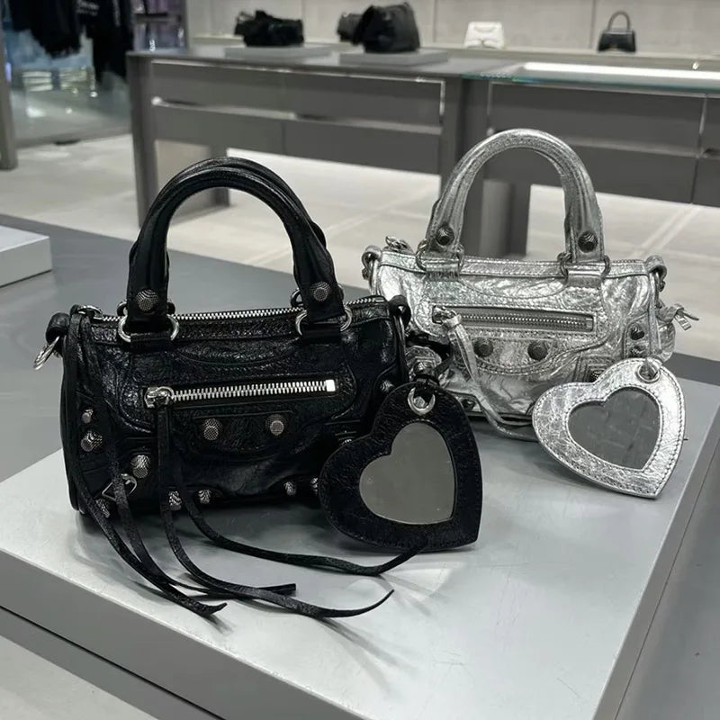 2026 New Mini Cylinder Motorcycle Bag Women's Rivet Tassel Three-in-One Pleated Cowhide Single Shoulder Slant Cross Handbag