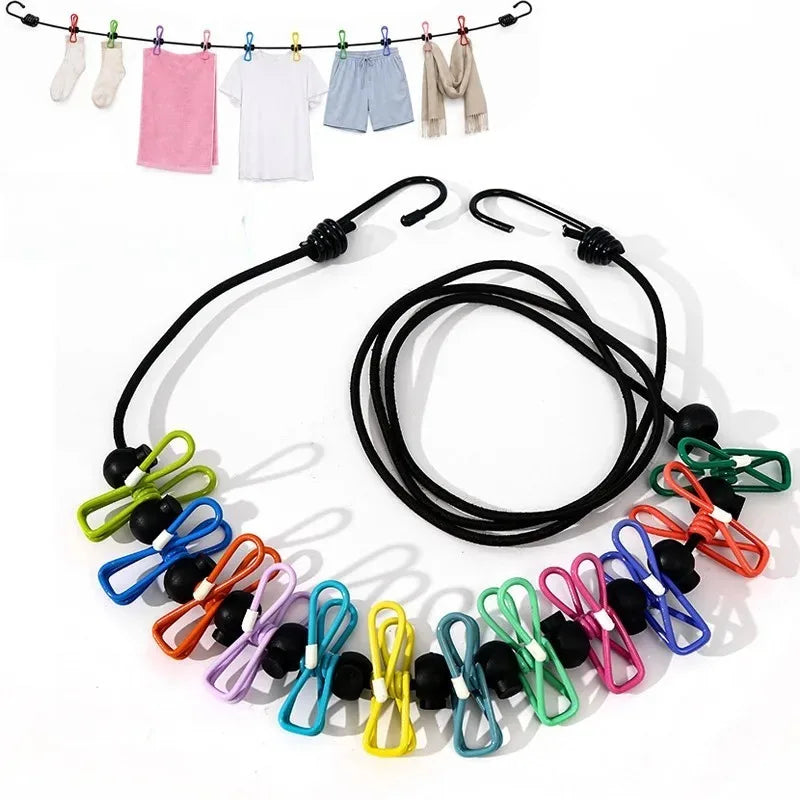 Portable Retractable Travel Clothesline with 12 Clips, Indoor Outdoor Laundry Drying Rope, Camping Accessories