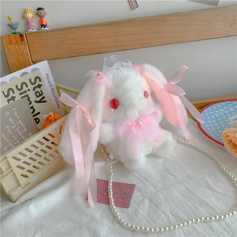 New Cute Bunny Plush Bag Lolita Shoulder Bag Kawaii Princess Sweet Pearl Chain Crossbody Bags Long-eared Rabbit Purse
