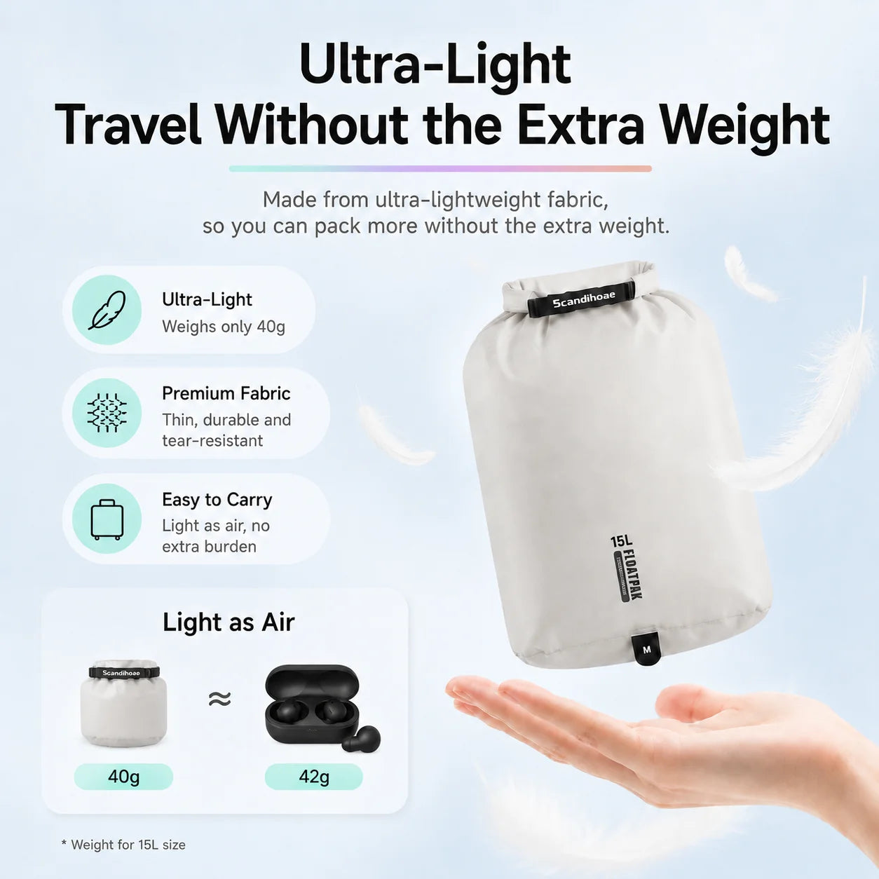 15D Nylon Waterproof Travel Bag IPX5 Ultra-light Dry Bag Drawstring Pouch Zipper Storage Case for Swimming Fitness Outdoor Sport