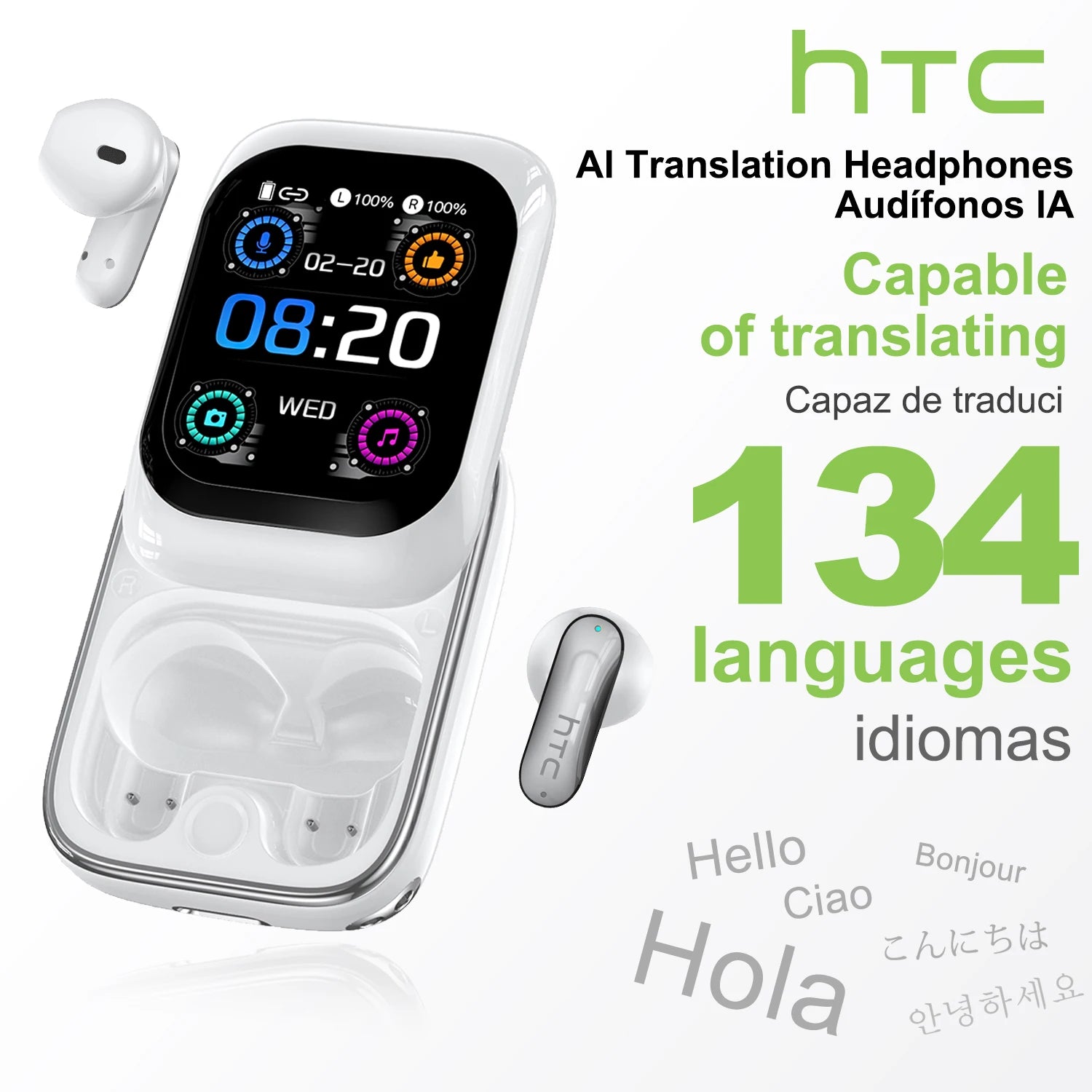 [HTC NE48]Side-Sliding Flip Bluetooth Earphones AI Translation Earbuds HD Touchscreen TWS in-Ear Wireless Headphones