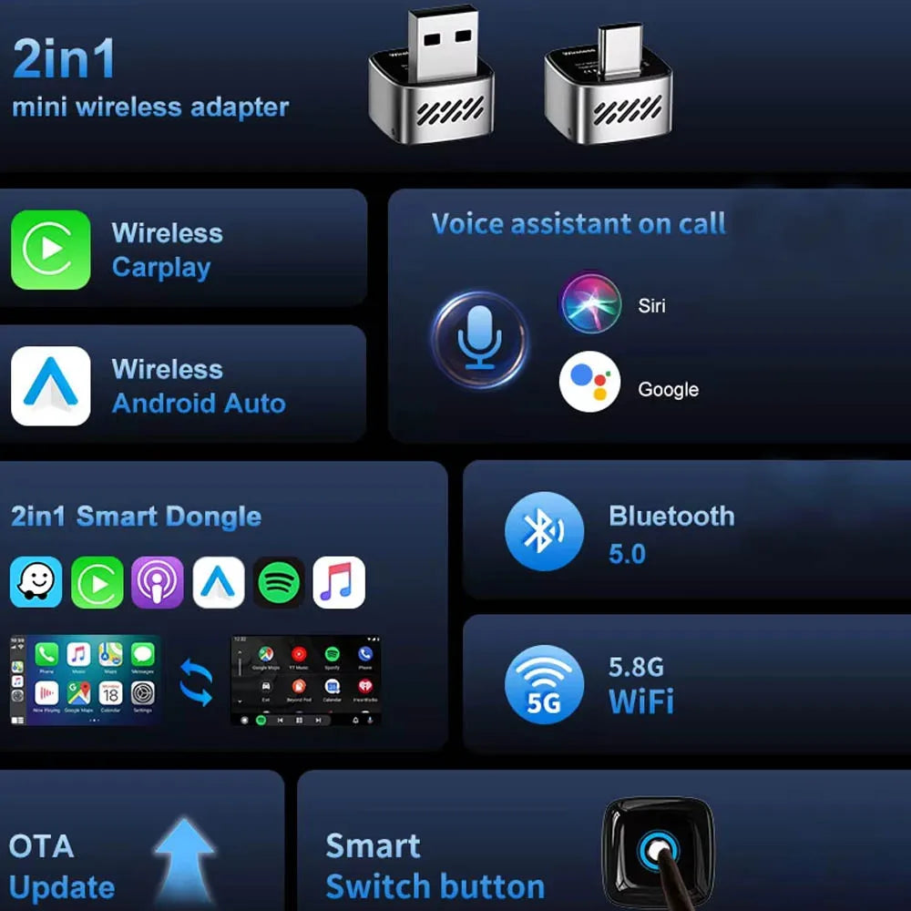 Skilldrive 2026 Mini 2 in 1 Wireless CarPlay Adapter 2 Phones One-Tap Switch Android Auto AI Smart Box for Wired CarPlay Car