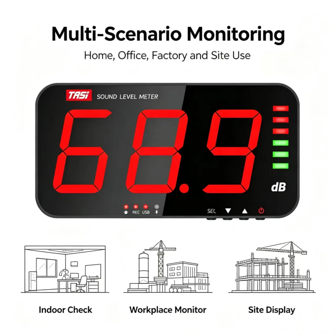 Sound Level Display Panel - Decibel DB Monitor 30-130dB 0.5s Alarm LED Screen Factory Bar Classroom Office Noise Detect