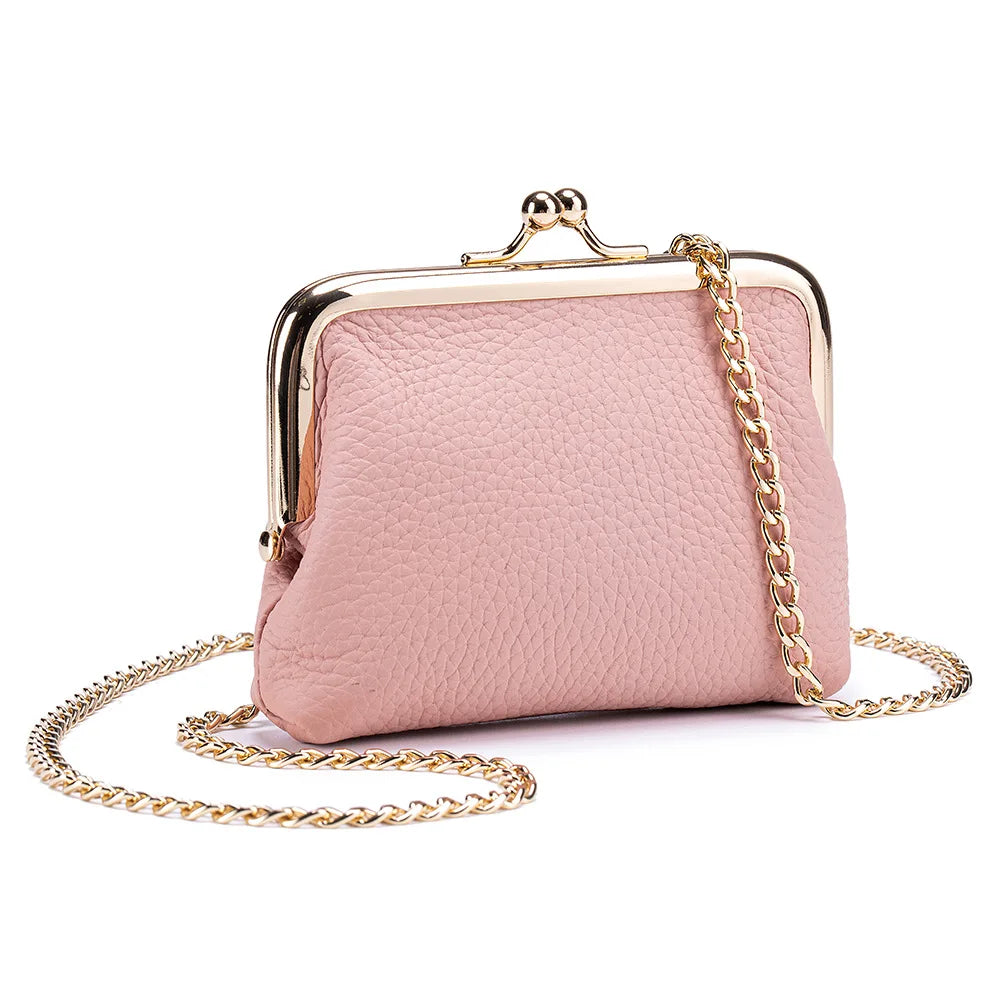 Women's Kiss Lock Crossbody Bag Genuine Leather Mini Handbags Kiss Clasp Crossbody Shoulder Bags Coin Purse Messenger Handbag