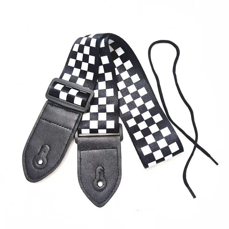 Black White Checkered Polyester Cotton PU Leather Head Ends Bass Ukulele Acoustic Electric Guitar Strap Accessories Parts