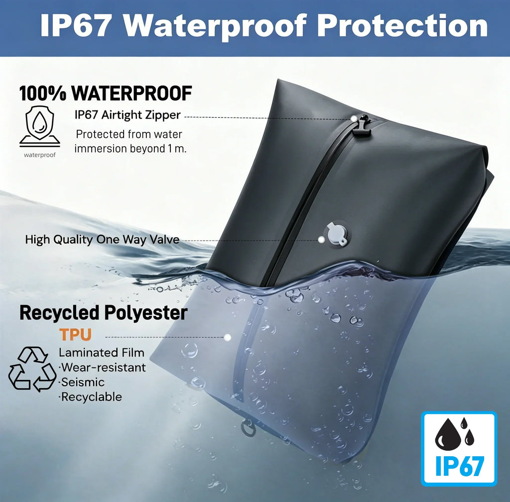 Vacuum Storage Bags 34L TPU Polyester IP67 Backpack Compression Bag 1200mAh Electric Pump Inflate Deflate Wearable Travel Black