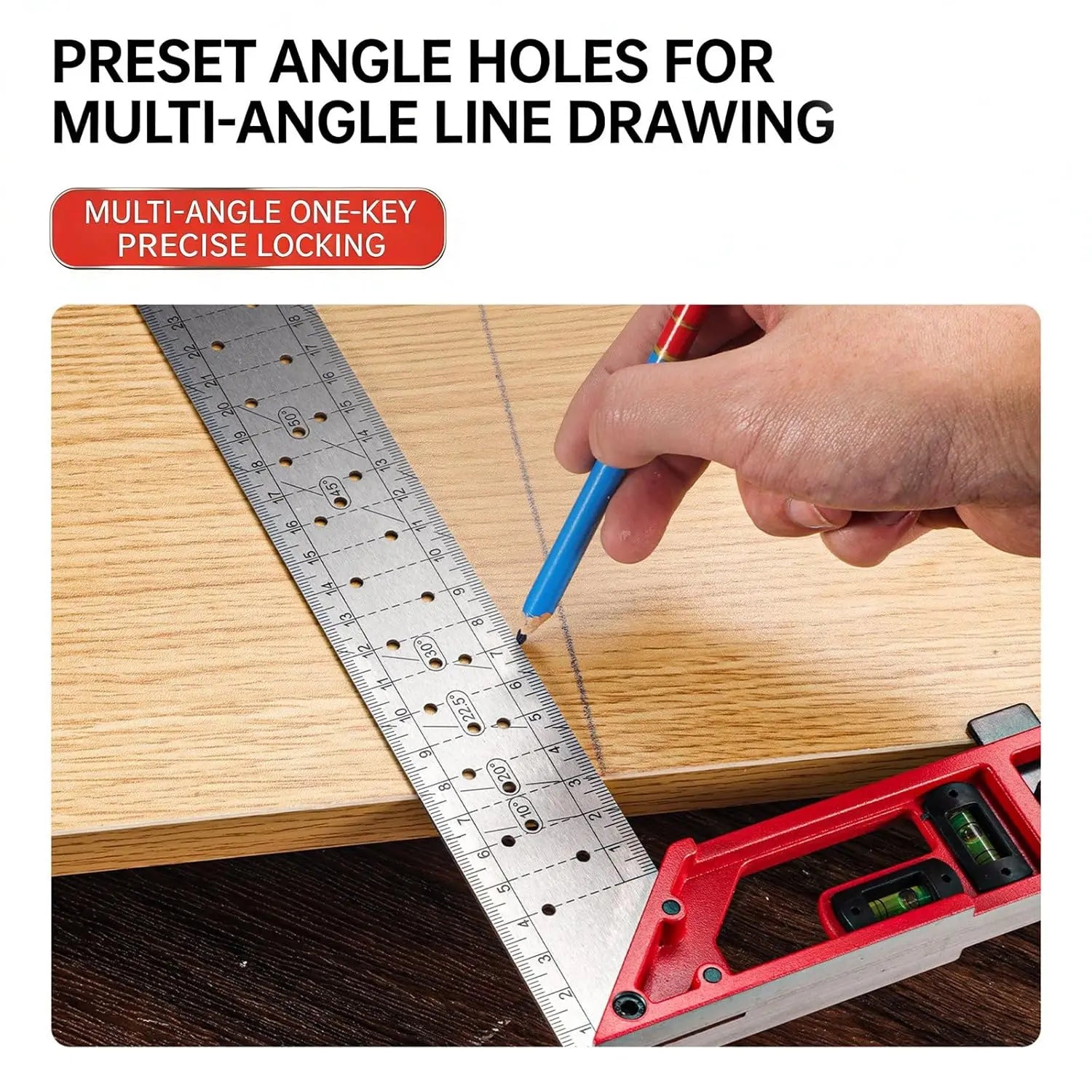 Professional Measuring Instrument with Dual Axis Level Bubble and Multiple Angled Hole Designs for Carpentry Projects