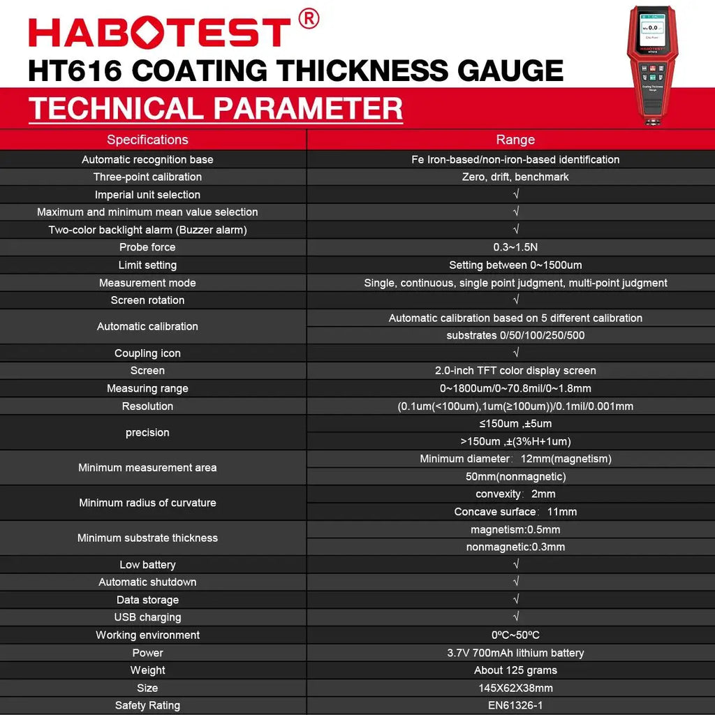 HABOTEST HT616 Digital Rechargeable Car Plating Tester Measurement Layer Film Paint Measuring Instrument Coating Thickness Gauge
