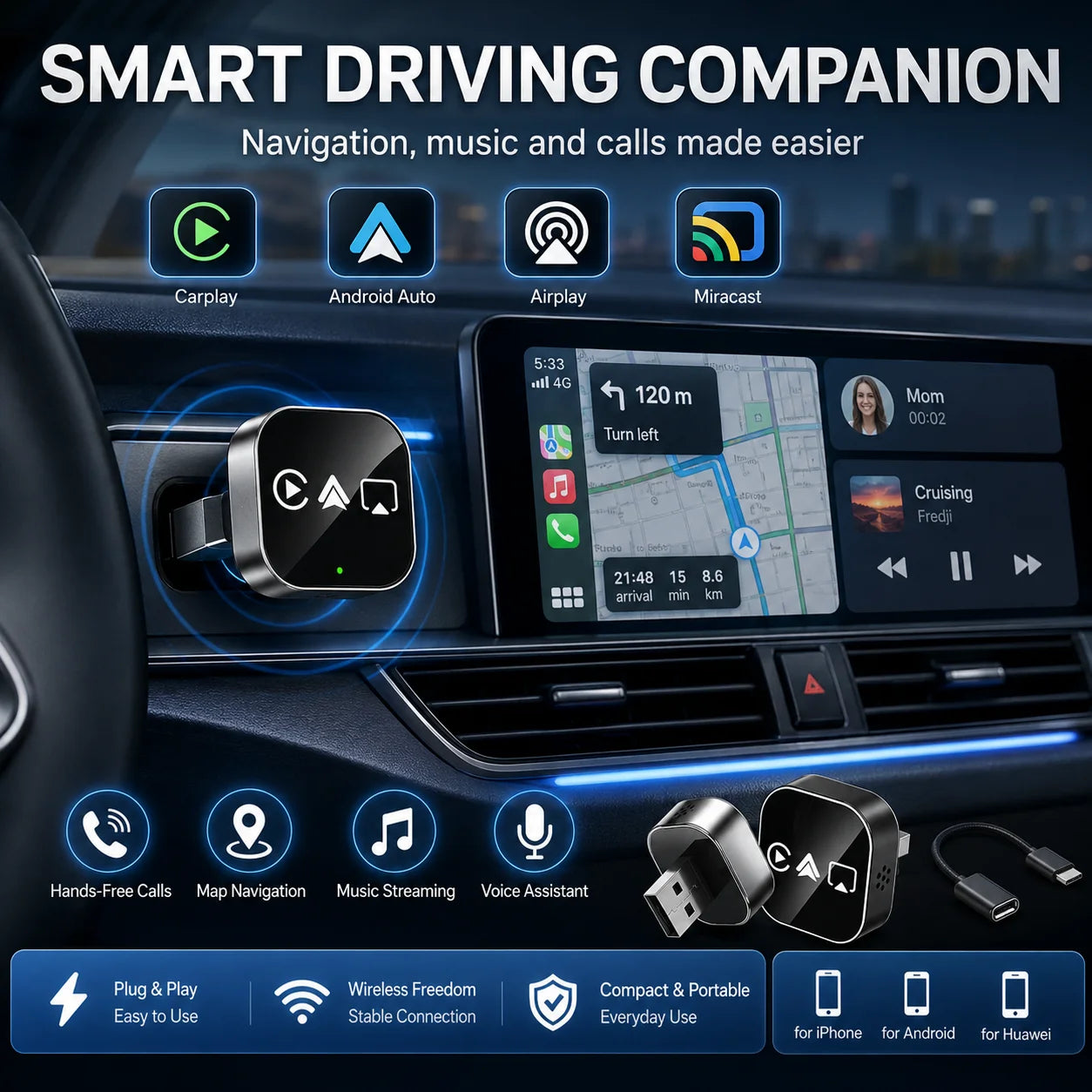 4-in-1 Wireless Carplay Adapter Android Auto Connect Airplay Mirror Link Screen Plug and Play Bluetooth for Apple and Android
