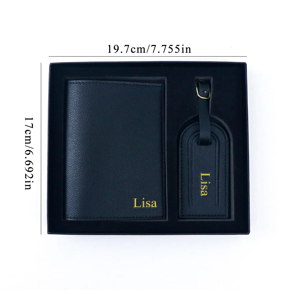 Customized name pu leather travel passport holder and luggage anti-loss label with essential travel gift box
