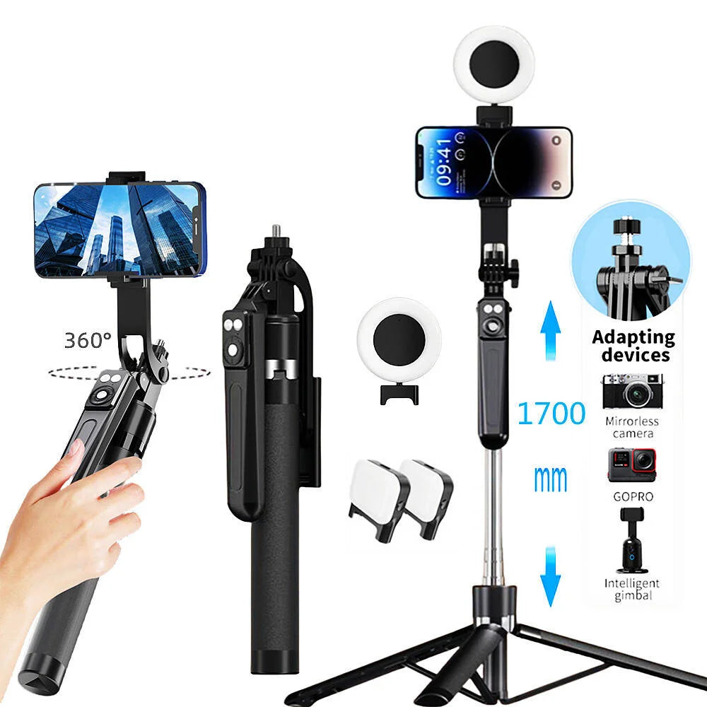 Roreta 360° Rotation 1.7M Selfie Stick Wireless Stand with Light Bluetooth Remote Extendable Tripod for iPhone Live Streaming