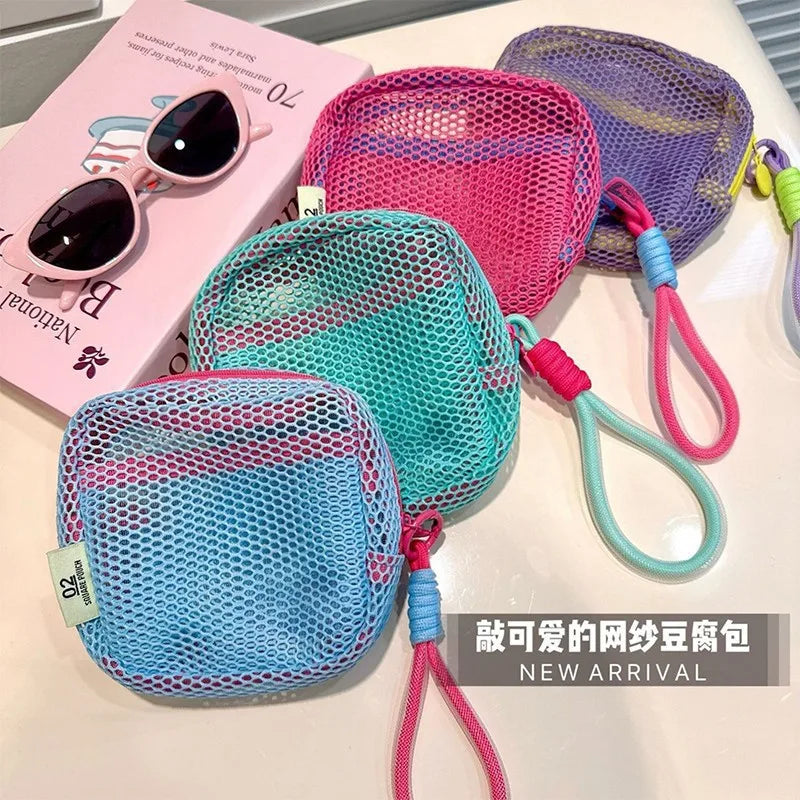Net fabric large-capacity bag, handcrafted colorful portable data cable organizing cosmetic storage bag