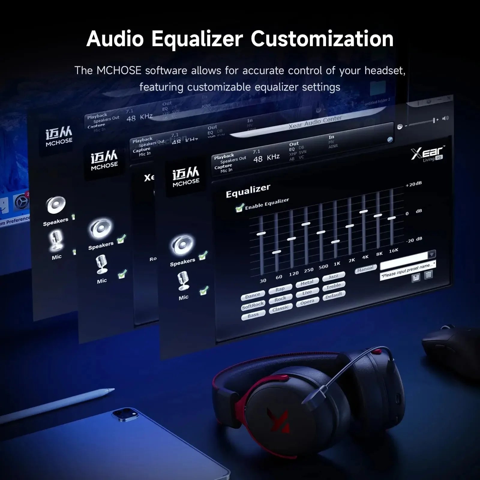 MCHOSE V9 Pro Wireless Headset 7.1 Surround Sound 53mm Gaming Headphones Noise Canceling Mic Low Latency Lightweight for PS5 PC SWITCH with Microphone