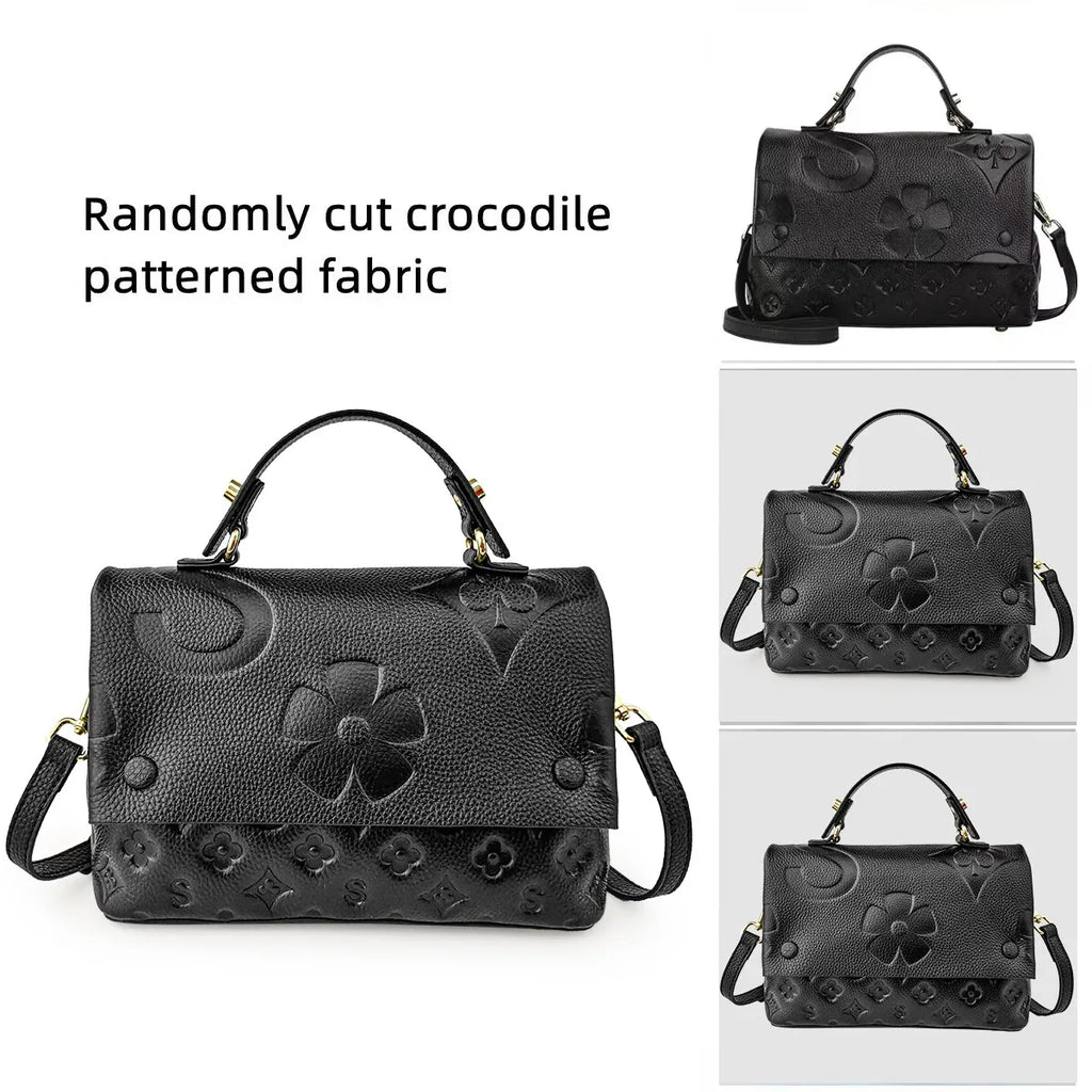 Aidrani  Fashionable women's one shoulder crossbody square bag, made of cowhide material, printed design, black