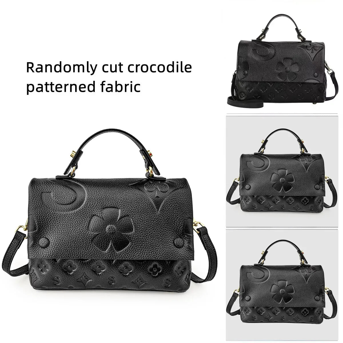 Aidrani  Fashionable women's one shoulder crossbody square bag, made of cowhide material, printed design, black