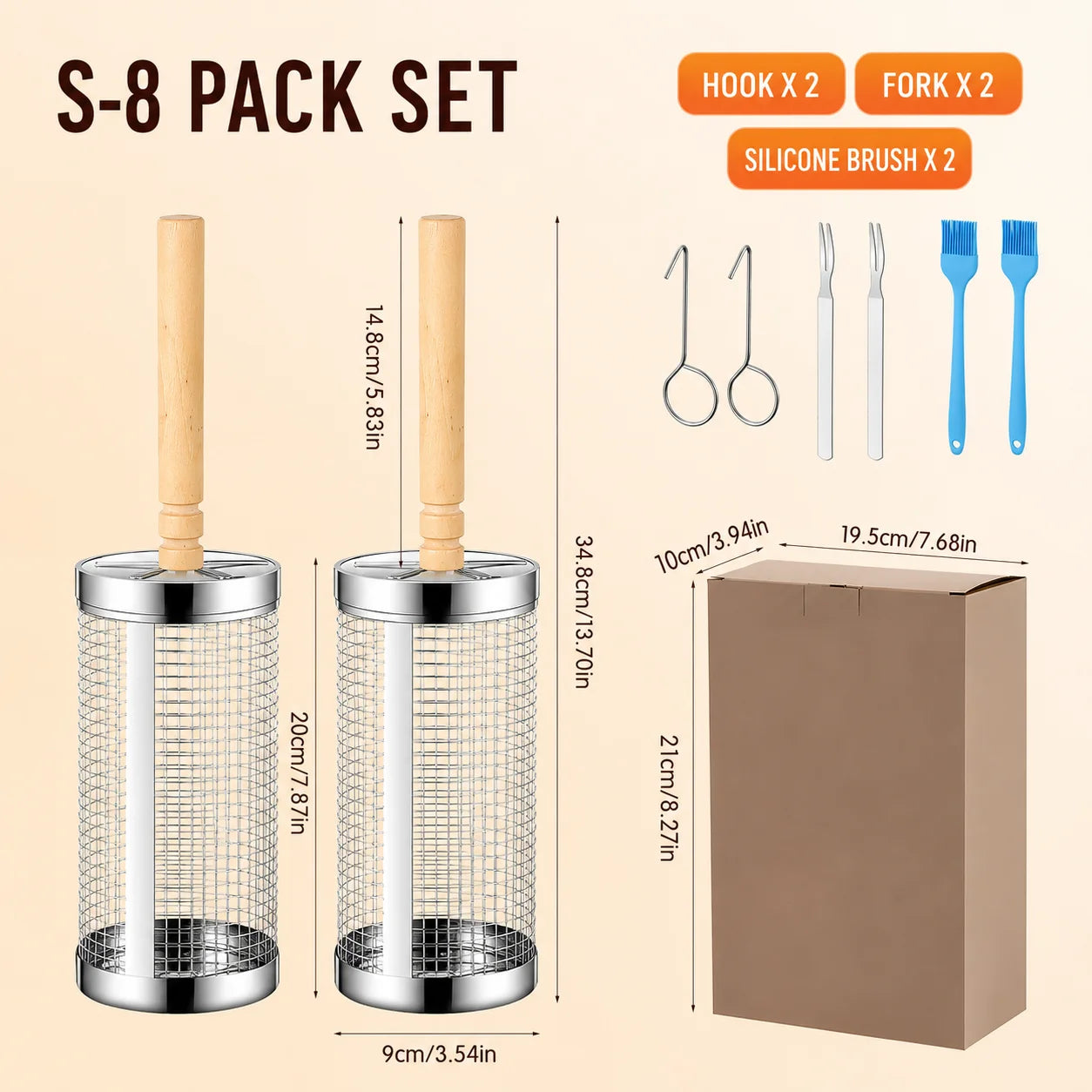4/6/8 Pack Stainless Steel Rolling Grilling Basket Set Wooden Handle Outdoor Camping BBQ Vegetable Meat Grilling Accessories