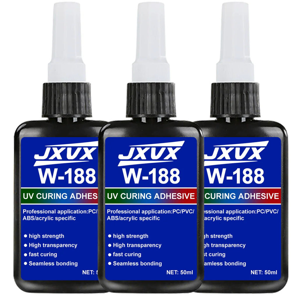 JXVX 50 g new high-strength UV curing resin adhesive W-188 is suitable for DIY process, bonding and welding glass, metal, ceramics and ABS materials. Includes 1-3 UV curing lamps.