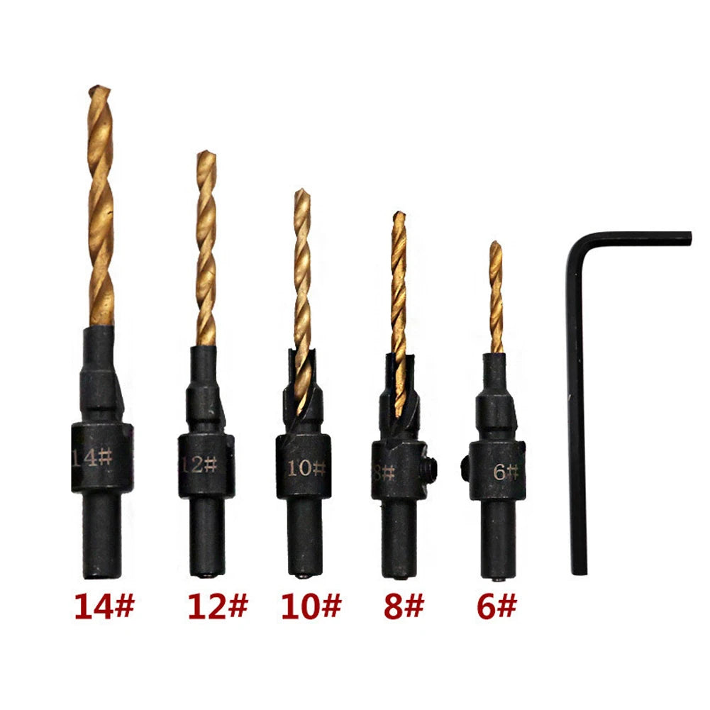 5Pcs/Set Countersink Drill Bit Set  Woodworking Drilling Tool Drill Bit  For Pilot Holes For Screw Sizes 5-14#