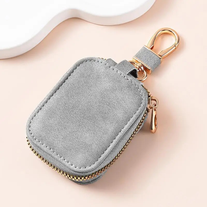 Soft Suede Car Key Storage Pouch with Smooth Zipper Sturdy Metal Carabiner Compact Case for Keys Earbuds Business Travel