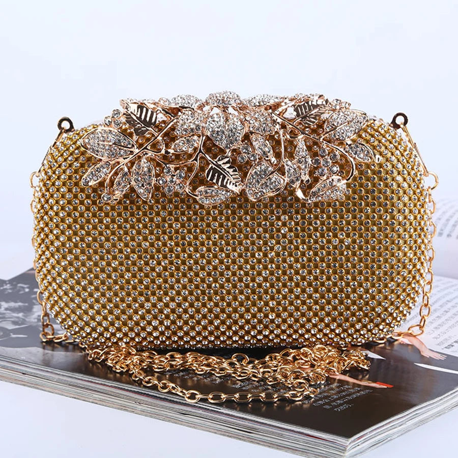 Shiny Diamond Evening Bag Flower Golden Handbag Boutique Novelty Metallic Rhinestone Clutch Purses Bridal Wedding Party Box Bags