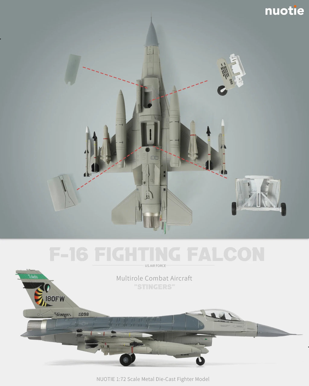 NUOTIE 1/72 F-16 Stinger Aggressor Diecast Jet with Removable Gear Military Model for Aviation Fans