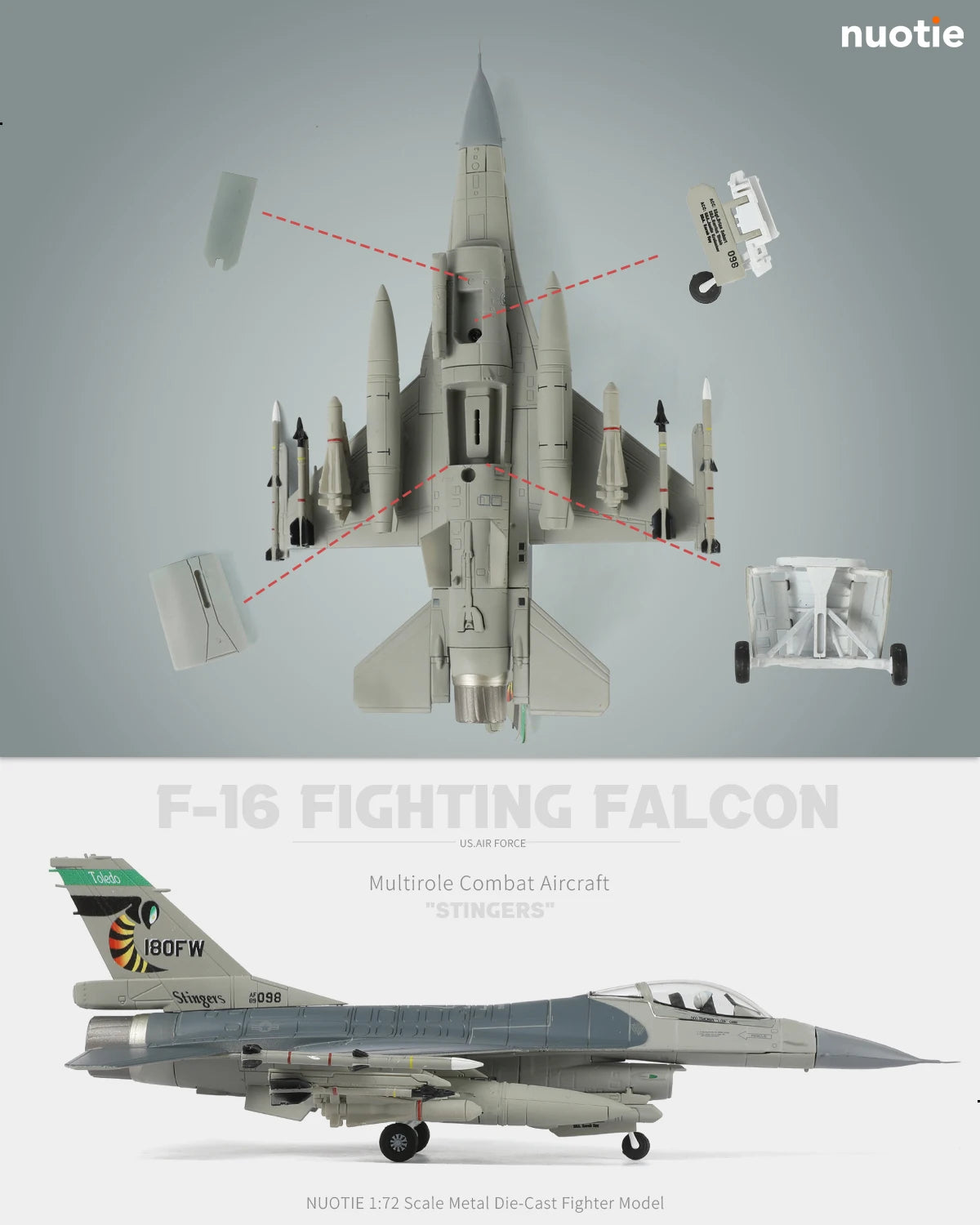 NUOTIE 1/72 F-16 Stinger Aggressor Diecast Jet with Removable Gear Military Model for Aviation Fans