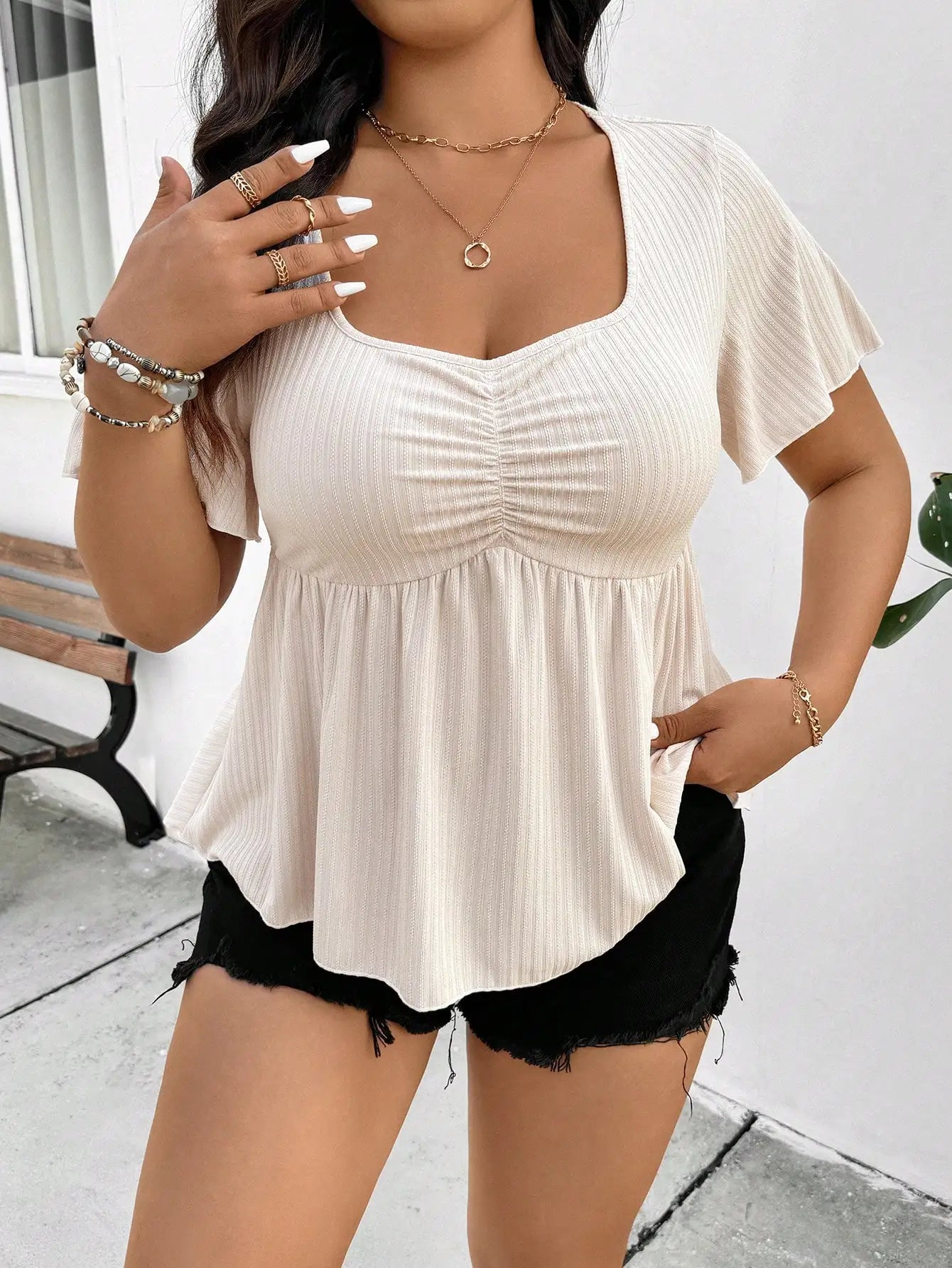 Plus Size Square Neck Ruched Flutter Sleeve Peplum Top
