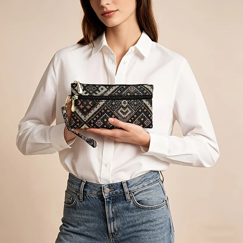 Ethnic Bohemian Chinese Style Womens Long Clutch Wallet Phone Pocket Portable Daily Travel Fashion Storage Hand Purse Accessory