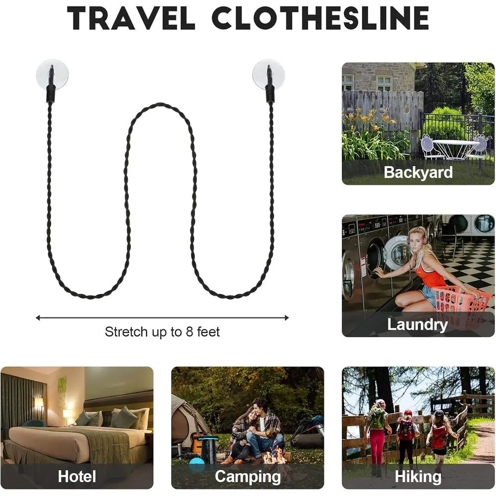Portable Retractable Clothesline with Hooks and Suction Cups for Camping, Cruise, Outdoor, and Indoor Use - Black