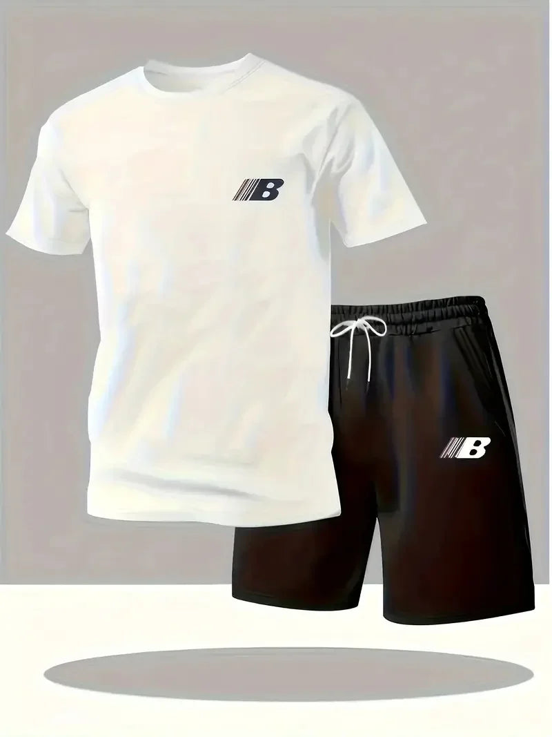 Men's Summer Breathable Sportswear Short Sleeve Shorts Set ，Lightweight Comfortable Sport Style
