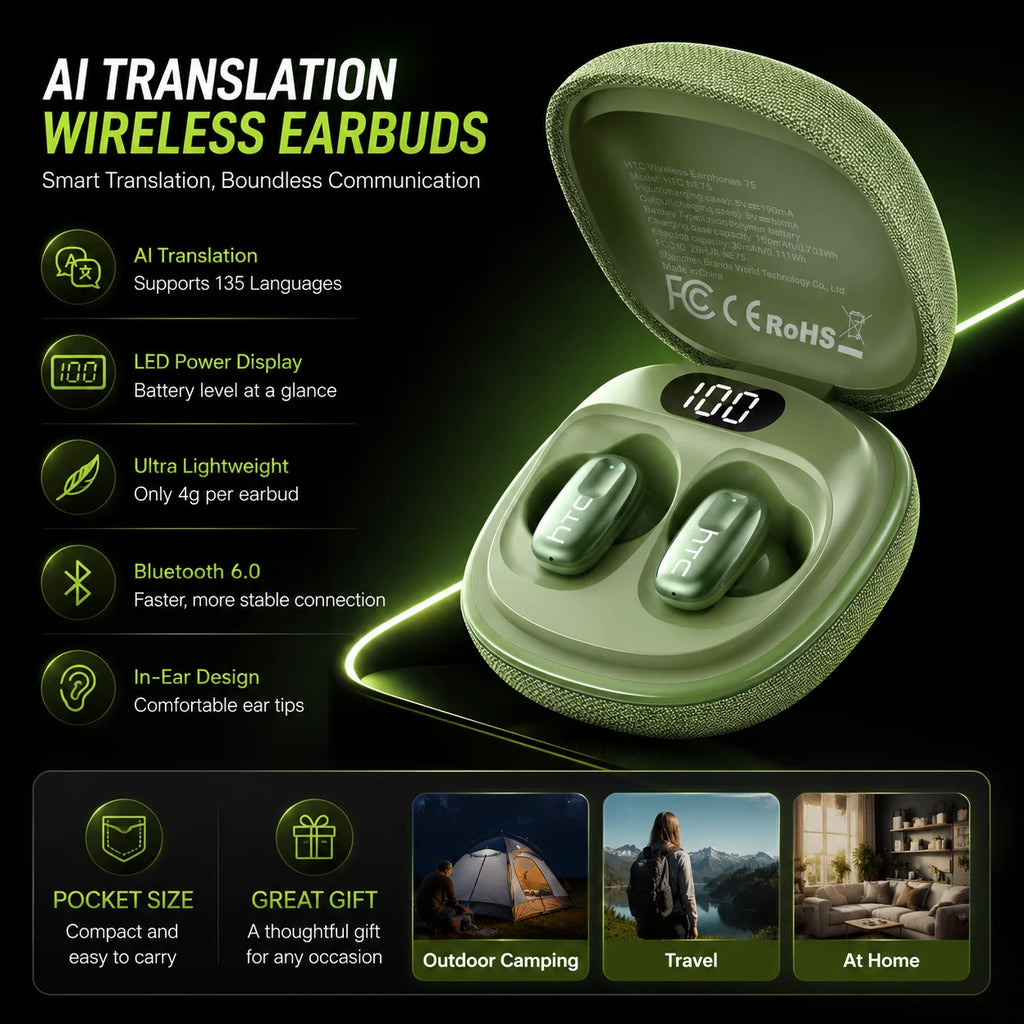 HTC NE75 Bluetooth Earphones 135 Language AI translator Earbud Low Latency Battery Display Long Battery Soft Wireless Headphones