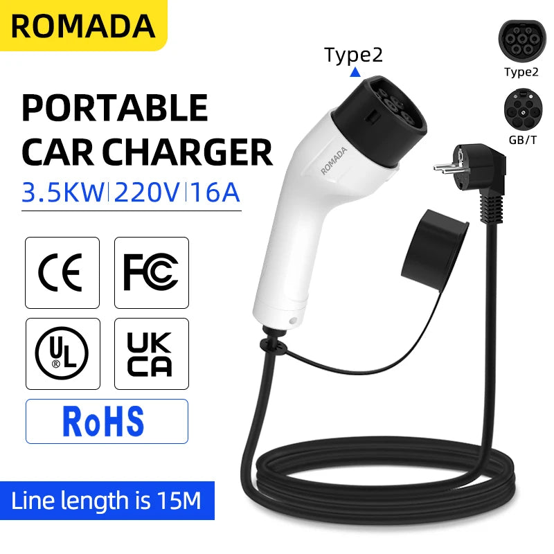 ROMADA Type2 Portable EV Charger 3.5KW 16A, IP66 Waterproof EU Plug EV Charging Station 3M-20M Cable for Home & Outdoor