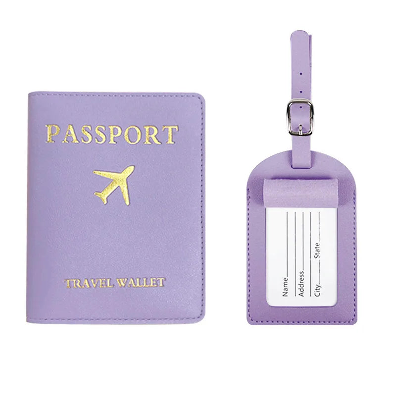 2Pcs/Set PU Travel Passport Cover Luggage Tag Suitcase Identifier Label Baggage Boarding Bag Tag Name ID Address Passport Holder
