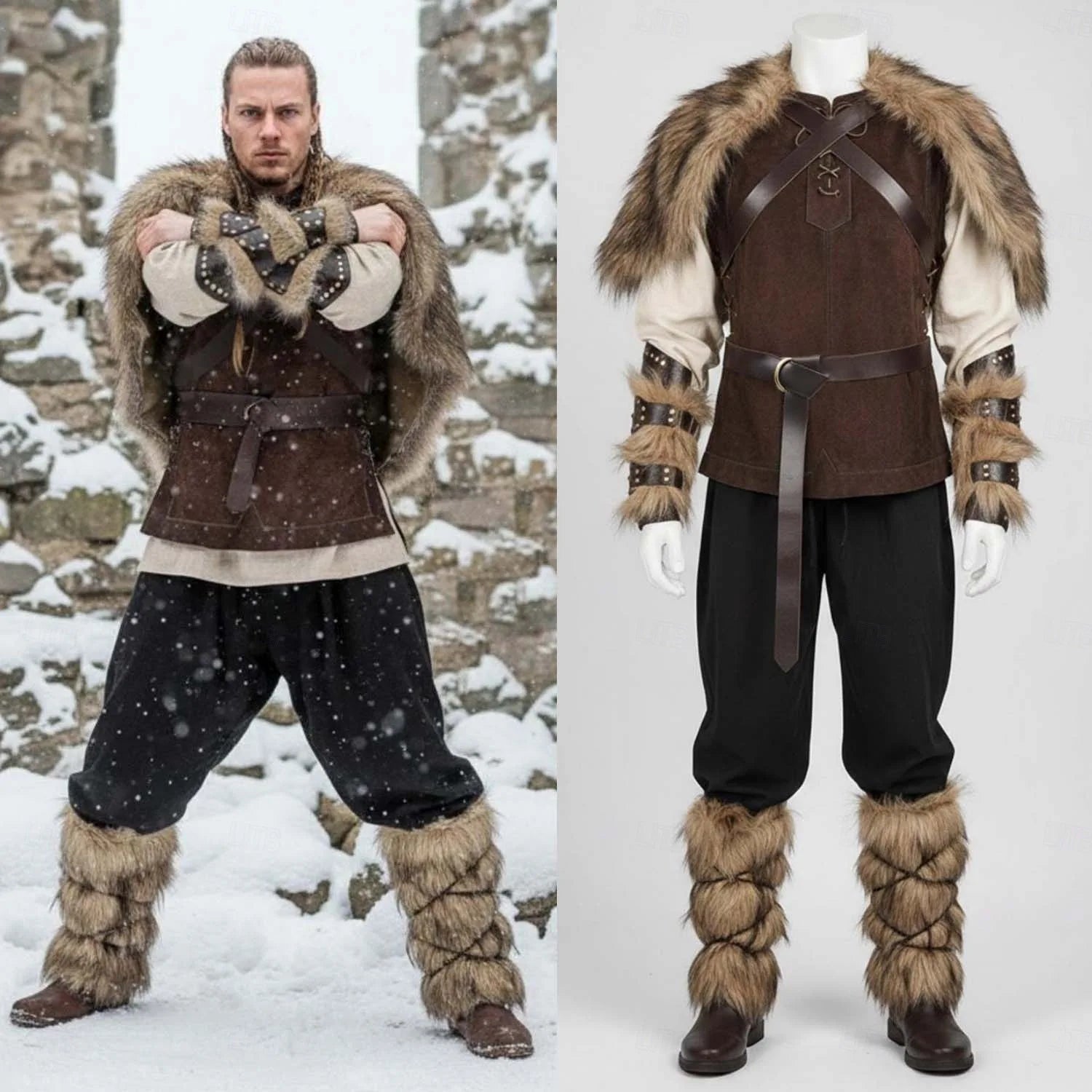 Set Medieval Renaissance Knee Length Outfits Fancy Costume Faux Fur Costume Warrior Men's Viking Halloween Carnival LARP