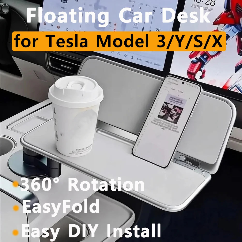 2026 New Car Floating Small Table for Tesla Model 3 Y X S All Range 360° Rotating Foldable Desk Notebook Cup Holder