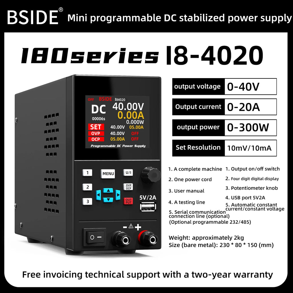 BSIDE I8 40V 20A DC Power Supply Variable, Programmable with Encoder Knob, Adjustable Switching Regulated Bench Power Supply