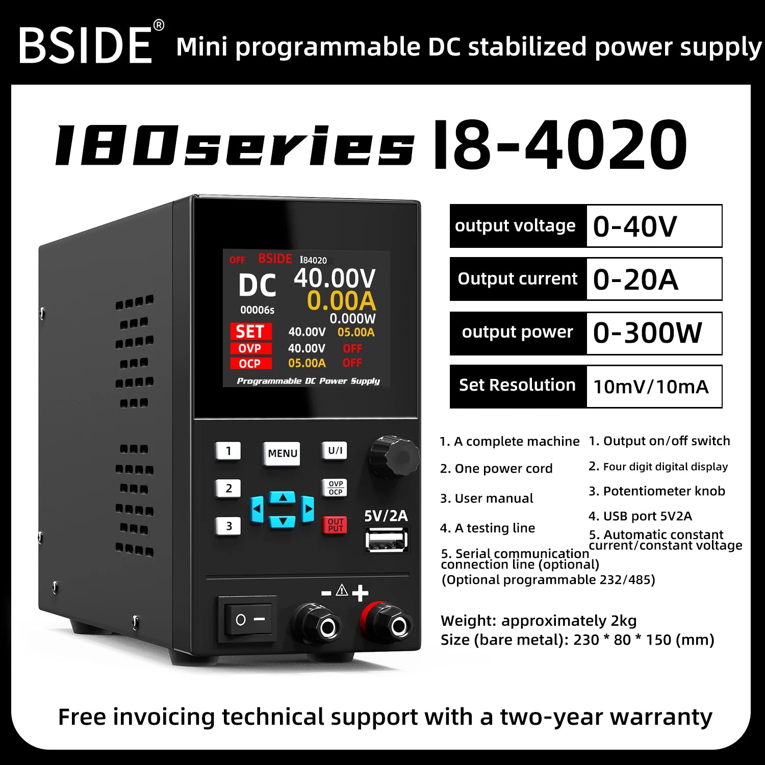BSIDE I8 40V 20A DC Power Supply Variable, Programmable with Encoder Knob, Adjustable Switching Regulated Bench Power Supply