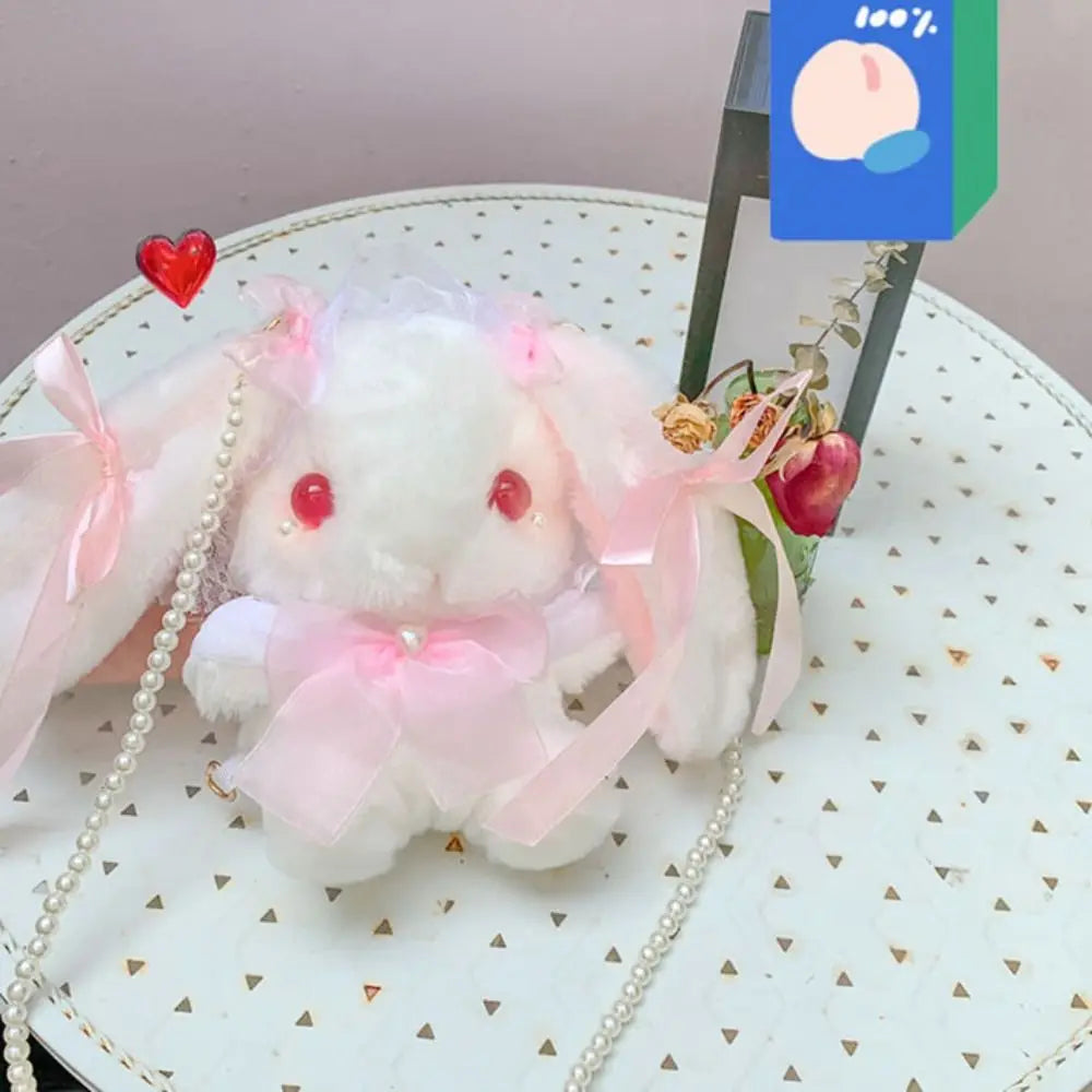 New Cute Bunny Plush Bag Lolita Shoulder Bag Kawaii Princess Sweet Pearl Chain Crossbody Bags Long-eared Rabbit Purse