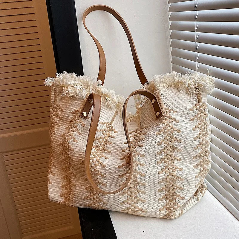 Women's 2026 New Tassel Knitted Canvas Handbag Versatile Multi in One Commuter Shoulder Bag Retro Lazy Style Casual Tote Bag
