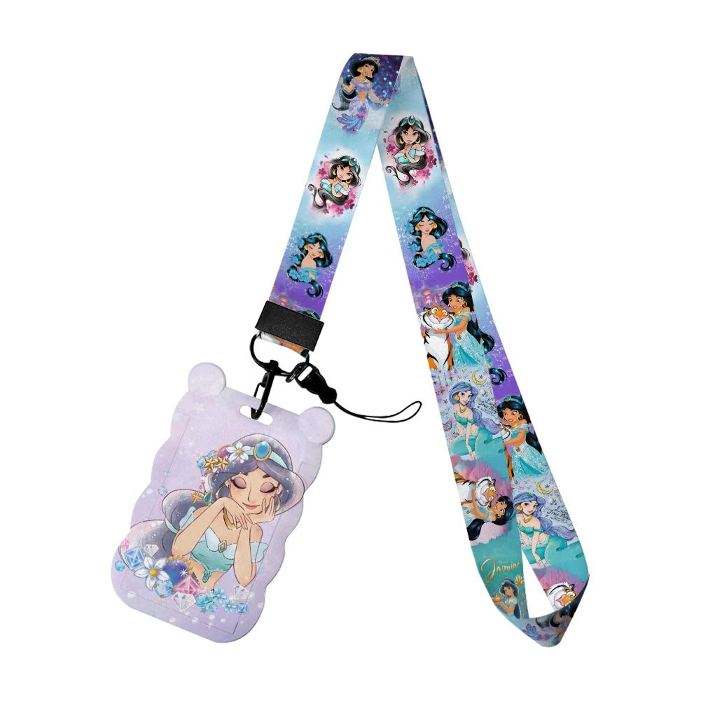 Disney Jasmine Princess Irregular Head Shape Badge Holder Lanyard Keys Chain ID Credit Card Cover Bus Card Holder Glitter Charms