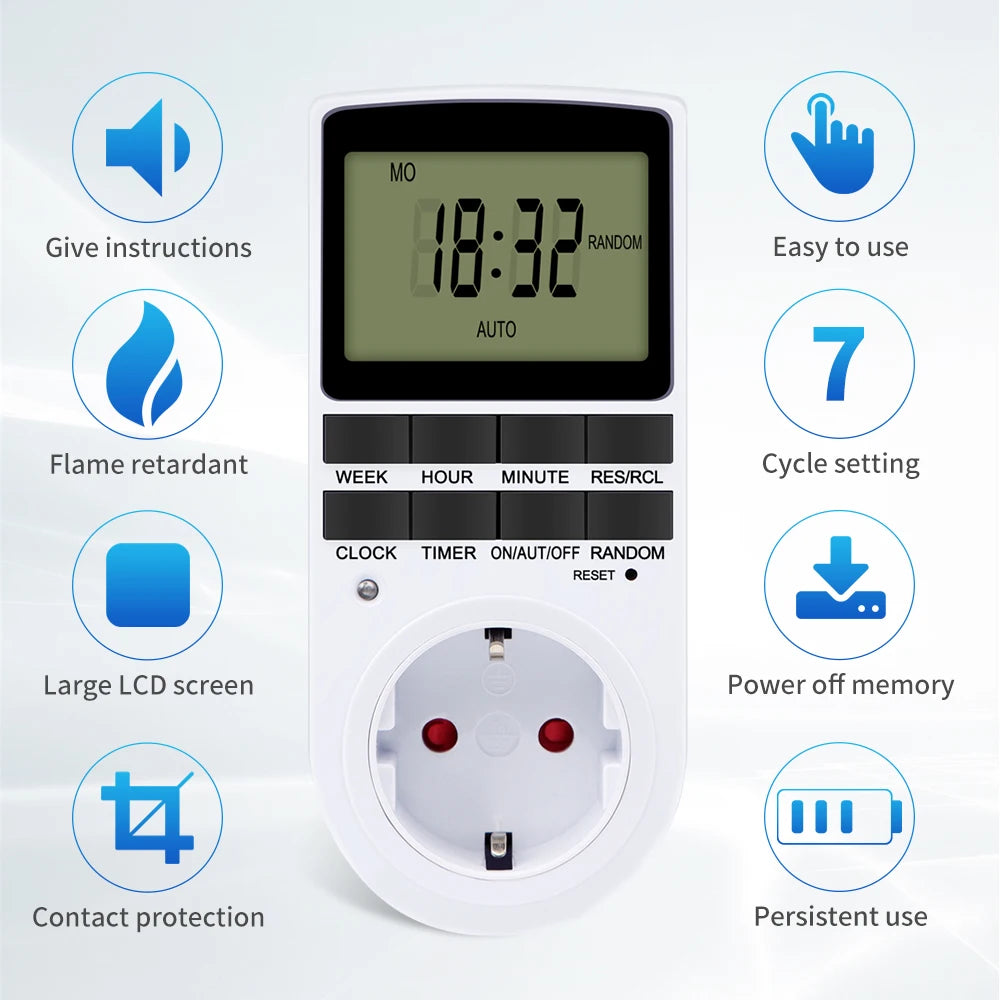 TM02 Electronic Digital Timer Kitchen Timer Socket Outlet 230V 110V 12/24 Hour Cyclic Outlet Programmable Timing EU FR US Plug