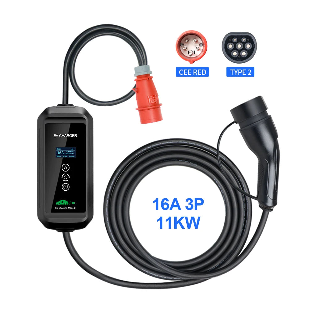 Portable 11KW 16A EV Portable Charger Type2 IEC62196-2 EVSE Charging Box Electric Vehicle PHEV Cars Charger CEE Plug 5M Cable